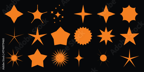Collection of Orange Star Shapes and Sparkle Icons on Black Background