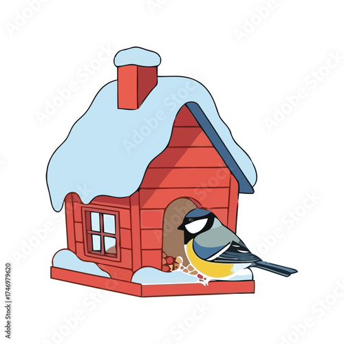 Cute cartoon bird feeder house with tit bird in winter snow vector