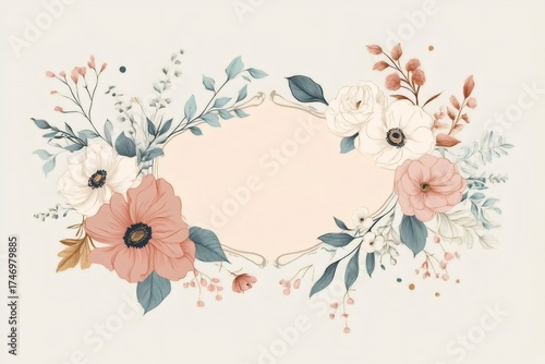 Delicate flowers and leaves forming an oval frame, a sophisticated botanical design element with copy space
