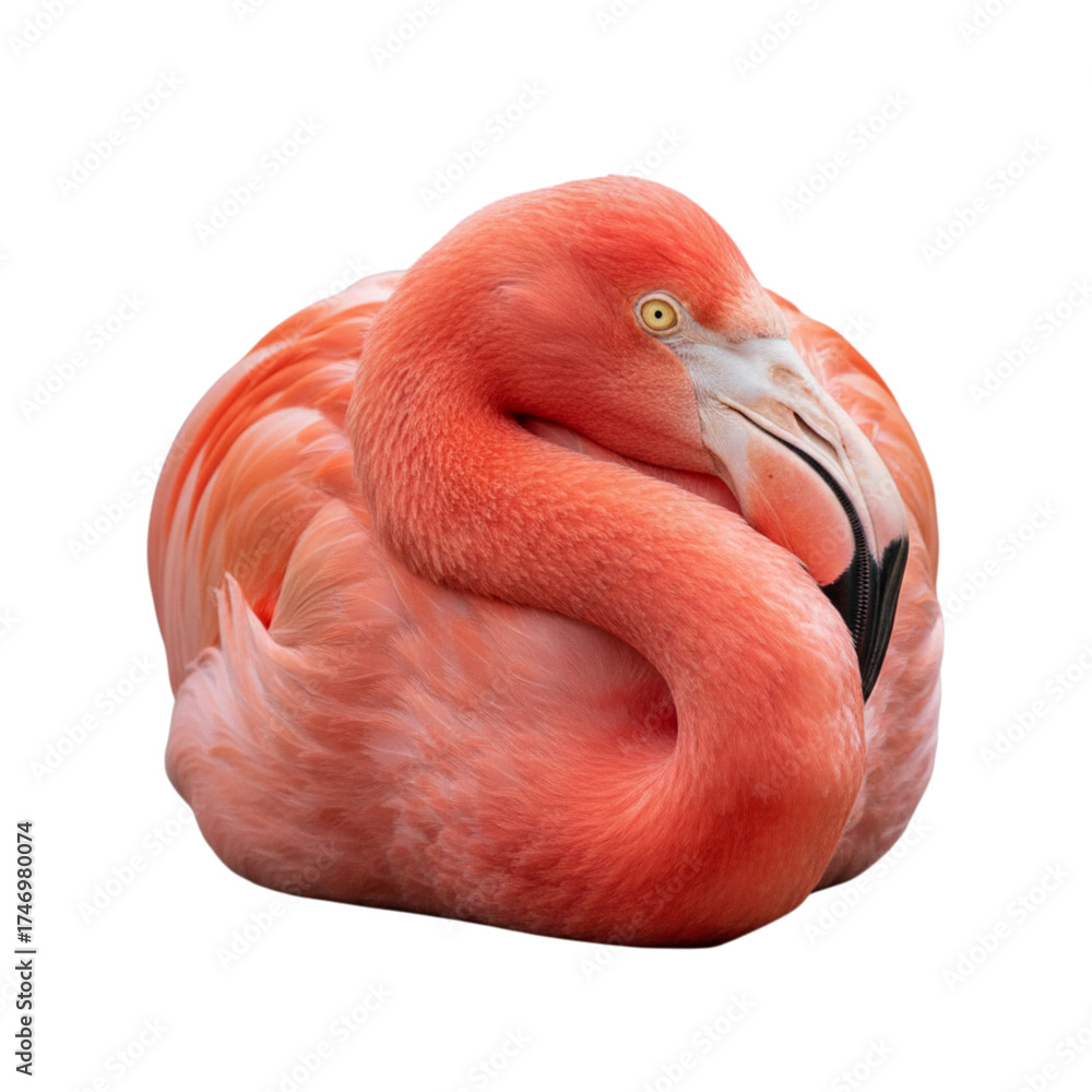 Fototapeta premium Vibrant flamingo resting peacefully, a captivating wildlife portrait radiating tranquility and natural beauty, perfect for nature lovers and exotic animal projects