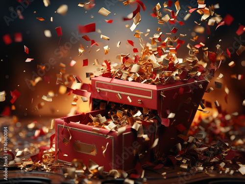 Fanciful Top view of golden and red gift boxes on white sand glass background.