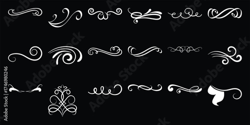 Collection of Elegant White Flourishes and Swirls on a Black Background