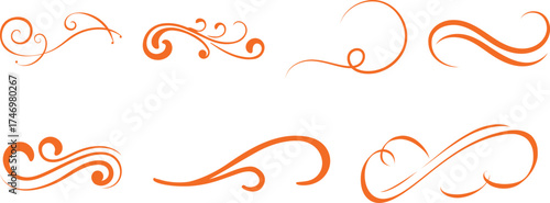 Collection of Elegant Orange Swirls and Flourishes on White Background