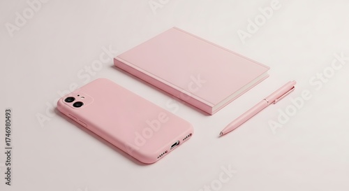 Minimalist Pink Workspace with Mobile Phone Notebook and Pen Top View