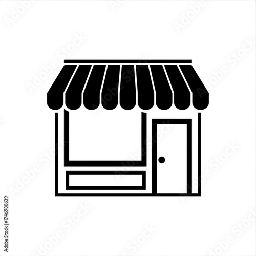 Illustration of a simple store front with an awning, window, and door in black and white outline