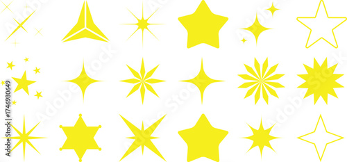Collection of Yellow Star and Sparkle Icons on White Background