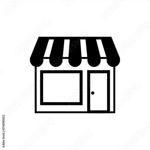 Illustration of a simple black and white store front with awning, door, and window display design