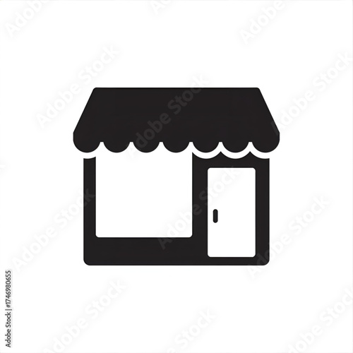 Illustration of a simple black and white shop front with awning and door on a white background view