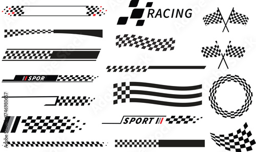 Collection of Racing and Sport Themed Graphics with Checkered Flags and Stripes