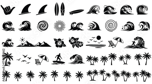 Vector art of set of black and white summer vacation and surfing vector graphic designs collection of beach emblems palm tree, surfboard, wave, sun and text vector illustration