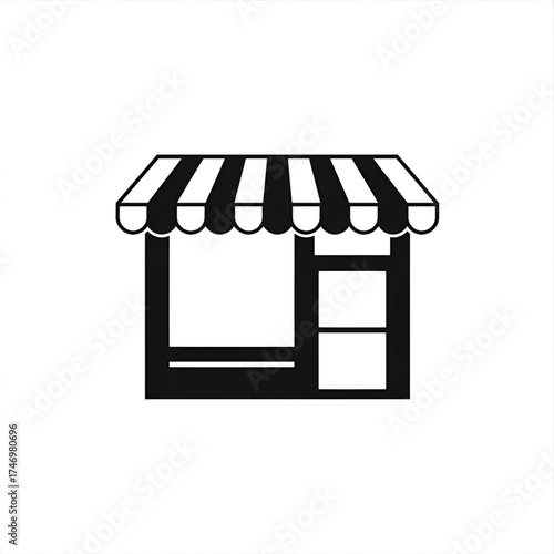 Illustration of a simple black and white store front with striped awning and display windows design