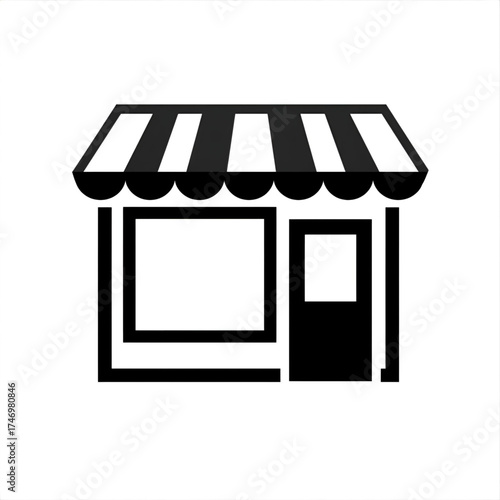 A simple black and white illustration of a storefront with an awning and a window display area