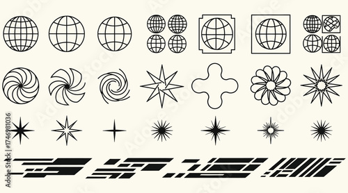Vector art of a collection of geometric shapes and symbols, including globes, spirals, stars, and abstract lines, offering a versatile set of design elements for modern and minimalist compositions