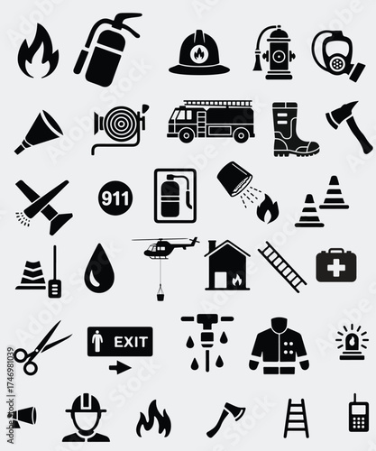 Firefighter Icon Set – Fire Safety, Rescue Equipment, and Emergency Service Symbols