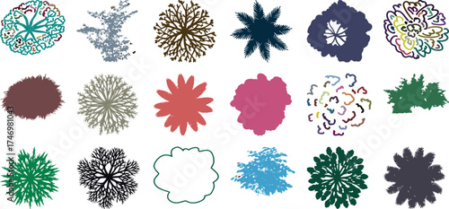 Collection of Top-Down Tree and Plant Silhouettes in Various Colors and Styles