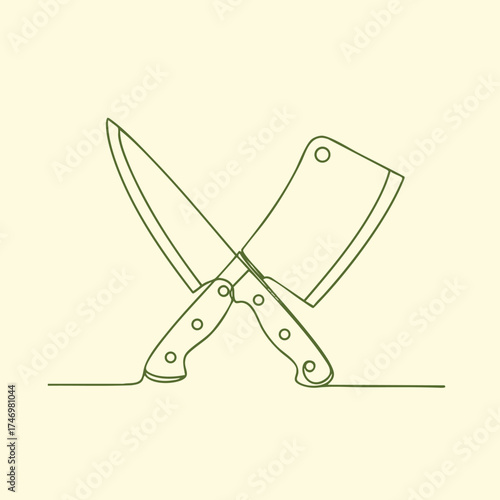 Minimalist line drawing of a chef's knife and chopping board crossed on a neutral
