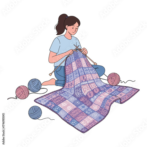 Hand Made Young woman knitting a large patchwork blanket a cozy hobby and creative pastime vector illustration isolated on white