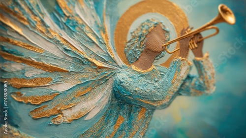 Golden Trumpet Angel: A beautifully rendered angel, adorned in textured blue and gold, blows a trumpet with a halo. The image evokes a sense of celestial grandeur and divine inspiration.