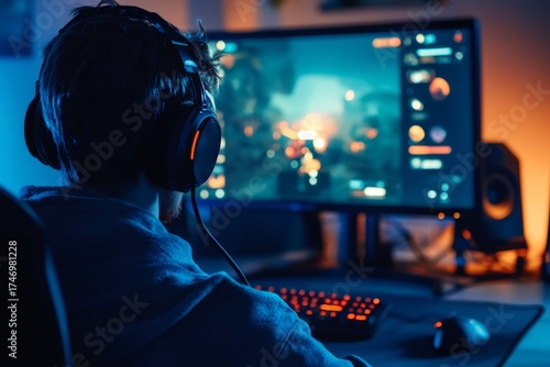 Gamer focused on computer screen with illuminated keyboard and mouse, streaming live or recording online content