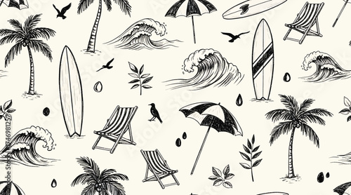 Vector art of a seamless pattern of beach elements, including palm trees, waves, surfboards, and beach chairs, creating a relaxed and summery vibe, perfect for evoking a sense of coastal paradise