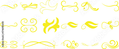 Collection of Yellow Decorative Swirls and Flourishes on White Background