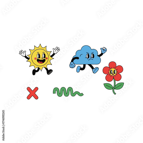 Retro cartoon sun cloud flower x shape wave elements fun retro style illustration vector