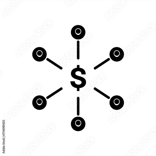 Dollar symbol connected to six circles with lines in a network or hub and spoke arrangement