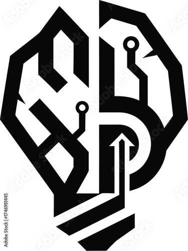 Black and white illustration of a brain combined with a circuit board and lightbulb.