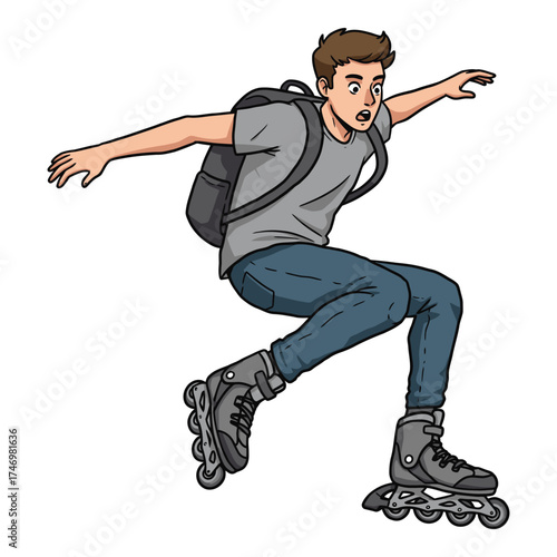 Hand Made Cartoon man on roller skates losing balance vector illustration of a surprised skater with backpack isolated on white background