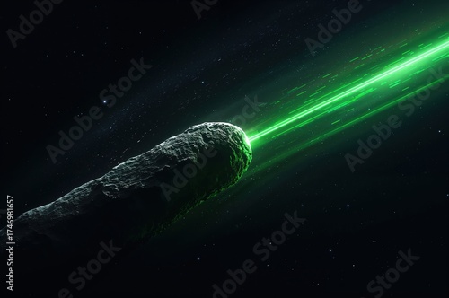 Massive asteroid with glowing green jet stream across dark cosmic void