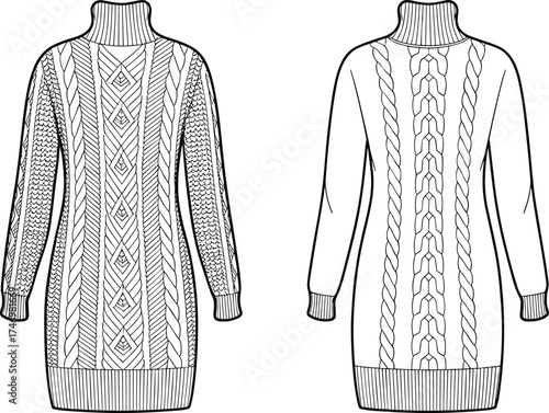 Sweater Dress Turtleneck Cable Knit Pullover Longsleeve KneeLength Apparel Clothing Fashion Outfit Garment Textile Illustration Drawing Design Casual Winter Women Ribbed Cuffs Hem