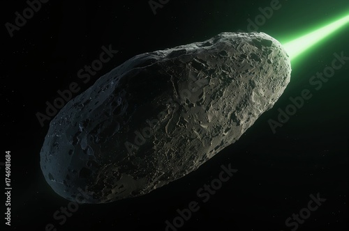 Massive asteroid with glowing green jet stream across dark cosmic void