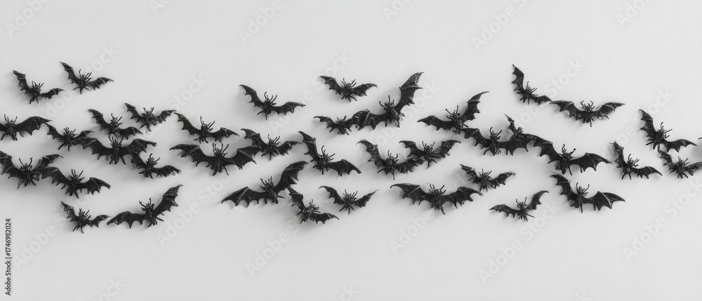Obraz premium A minimalistic halloween: bats and spiders against a white backdrop. Avant-garde shots. Minimal halloween decor: black bats and spiders on a pristine white surface. Edgy editorial.