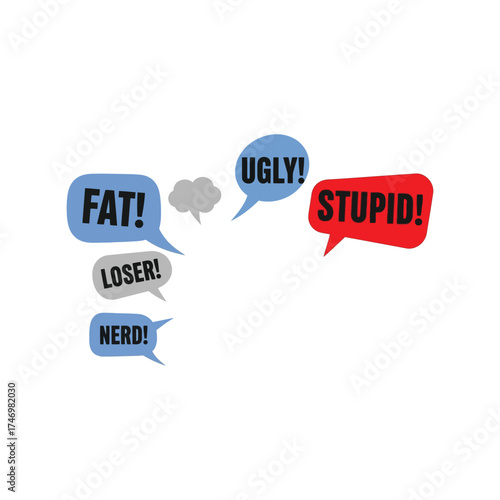 Cyberbullying and online harassment negative comments speech bubbles bullying words vector