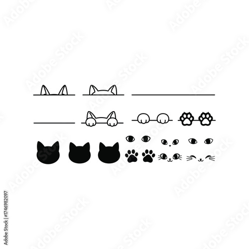 Cute cat and paw prints hand drawn doodles vector set vector
