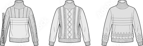 Sweater Highcollar Cable Knit Diamond Zigzag Pullover Longsleeve Apparel Clothing Fashion Outfit Garment Textile Illustration Drawing Design Casual Winter Unisex Ribbed Cuffs Hem