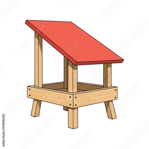 Simple wooden bird feeder with red roof outdoor garden decoration vector