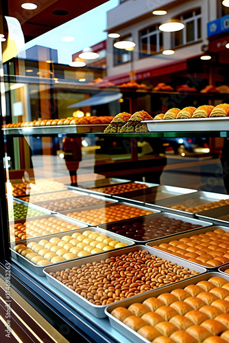 colorful Pastry and Baklava Selection in Glass Display Case at Local Dessert Shop
