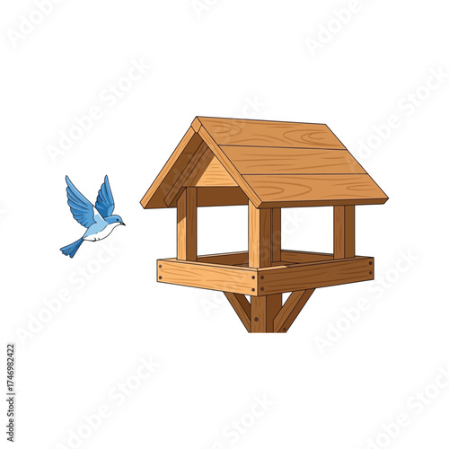 Wooden bird feeder with blue bird approaching for food nature wildlife scene vector