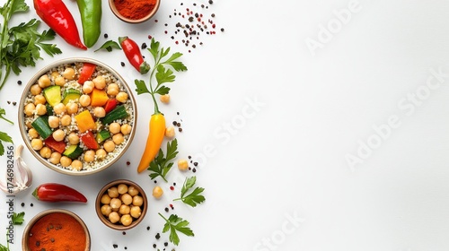 Colorful Indian vegetarian chickpea and vegetable curry surrounded by fresh herbs and spices on a white background perfect for food, cooking, and cultural themes