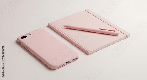 Pink aesthetic desk setup with phone notebook and writing instrument