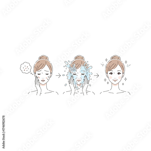 Woman applying facial cream showing transformation skin care routine steps vector
