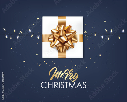 Christmas light realistic background, Holiday gift box, Merry Christmas banner, Happy New Year