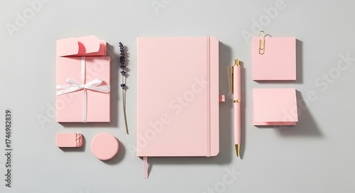 Pink Stationery Set Flat Lay with Notebook and Accessories for Planning