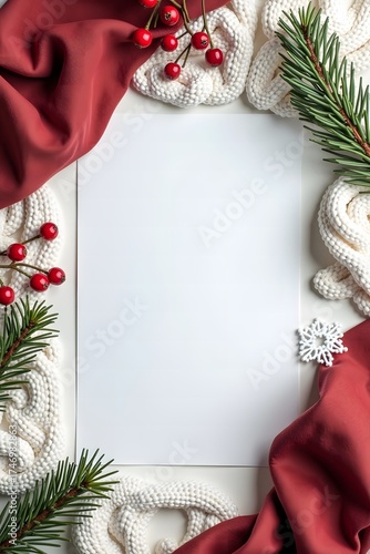 Christmas frame with red berries and evergreen branches