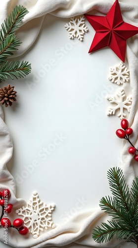 Christmas frame with red berries and evergreen branches