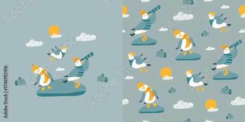 Modern children's background and seamless pattern with funny seagulls and fish. Vector design for fabric, wallpaper, wrapping paper, and more.