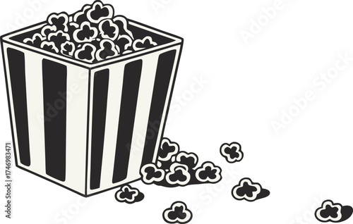 Delicious popcorn overflowing from a striped container, bringing the excitement of movie night and tasty snack time, perfect for any event!