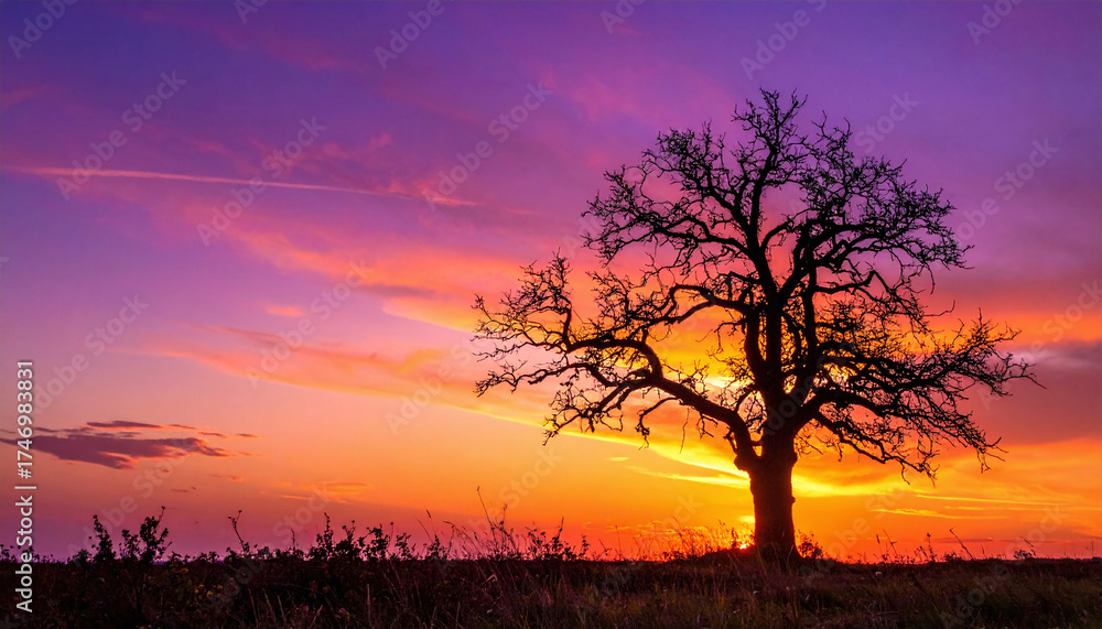 Fototapeta premium Lone tree silhouette against stunning orange and purple sunset sky in calm autumn landscape.