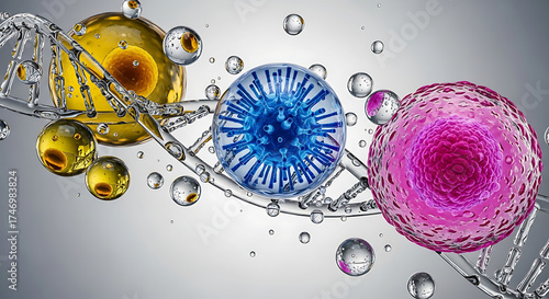 Abstract DNA helix intertwined with glowing virus particles, oil droplets, and water bubbles — futuristic science visualization of cellular biology, immunity, and molecular interaction.